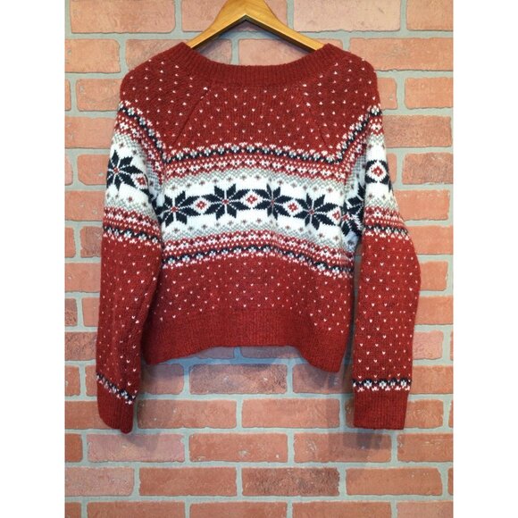 Old Navy Womens Fair Isle Knit Cardigan Sweater Size L Red White Chunky Warm - Picture 2 of 6